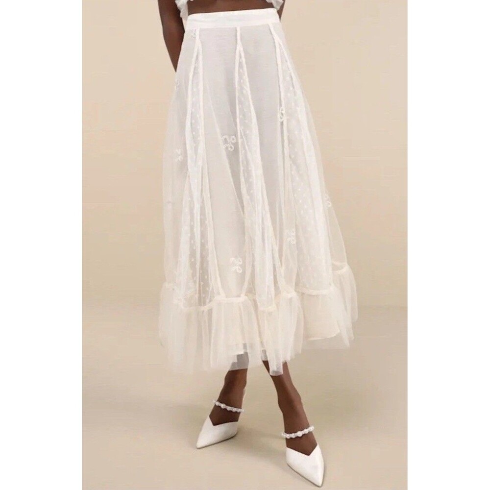 Coquette Sister Jane Bow Swiss Dot Tulle Midi Skirt Cottagecore S Cream